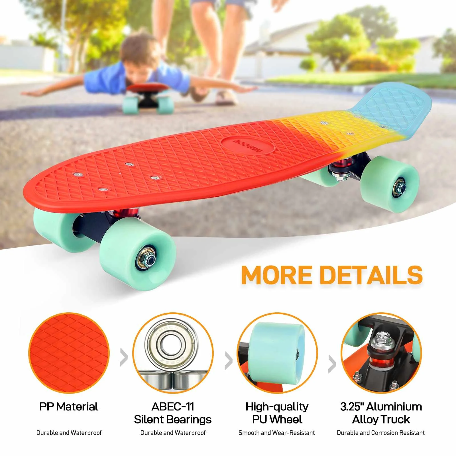 

Kids Skateboards Cruiser Retro Long-board for Children Ages 6-12 with Four Durable and Stable Alloy Wheels Single Rocker Deck
