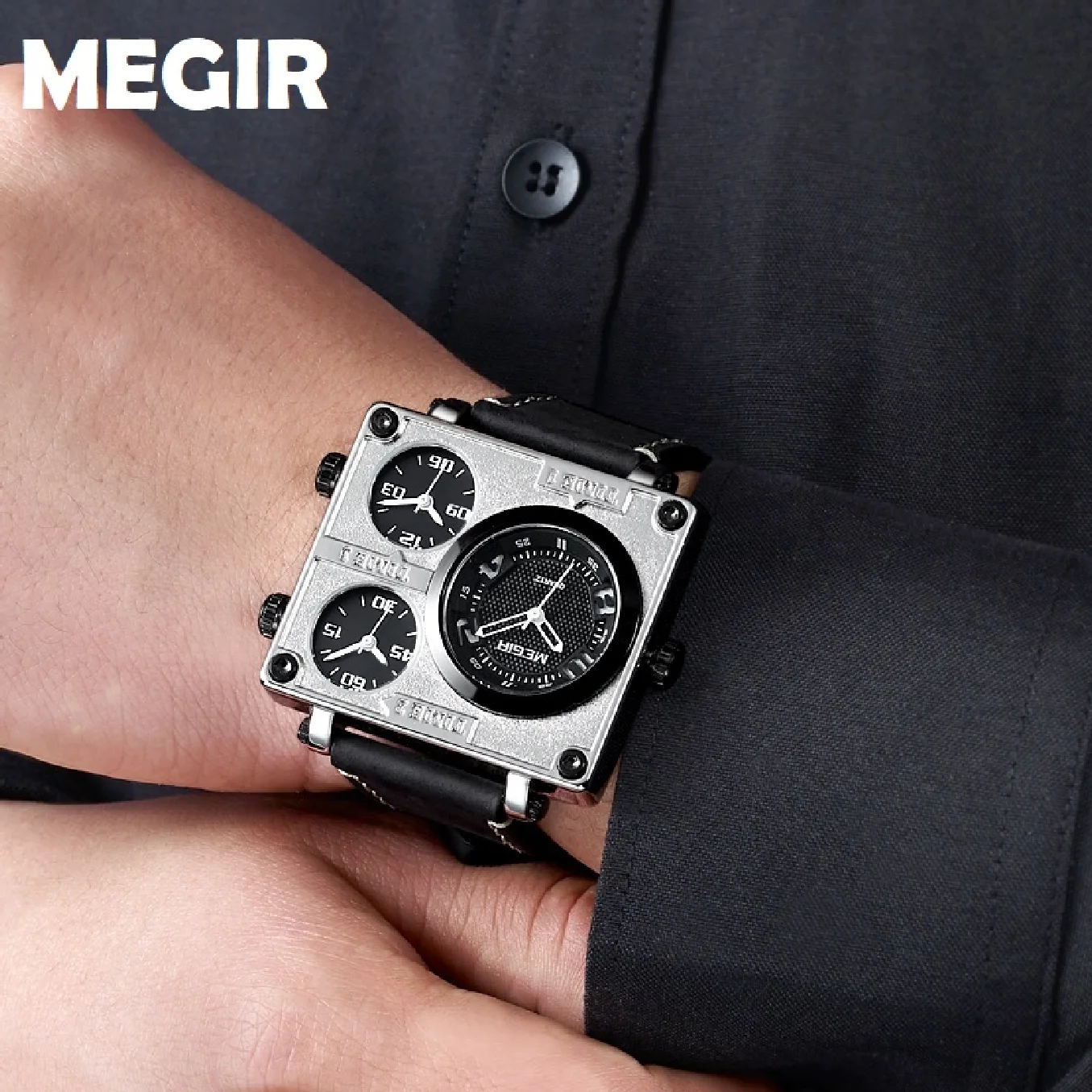 

MEGIR Original Waterproof Square Quartz WristWatches Men Multiple Time Zone Causal Sport Military Erkek Kol Saati Orologio Uomo