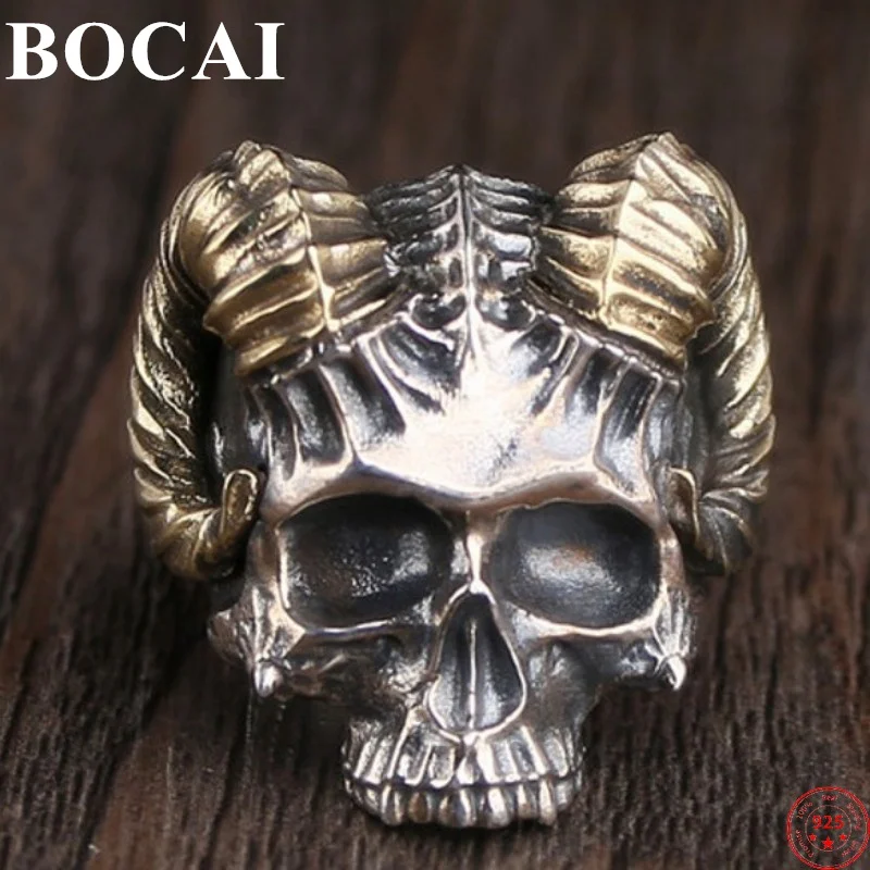 

BOCAI New 100% Pure S925 Silver Devil Satan Trendy Punk Rock Jewelry Domineering Retro Goat Horn Skull Man Ring