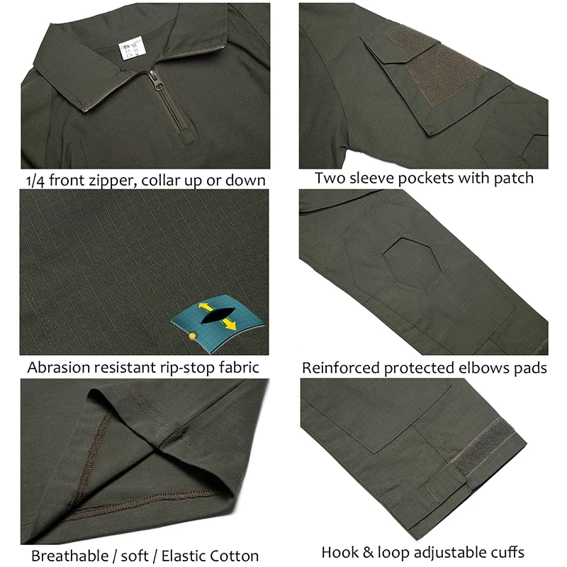 Мужская хлопковая тактическая рубашка Rip Stop с длинным рукавом и молнией 1/4