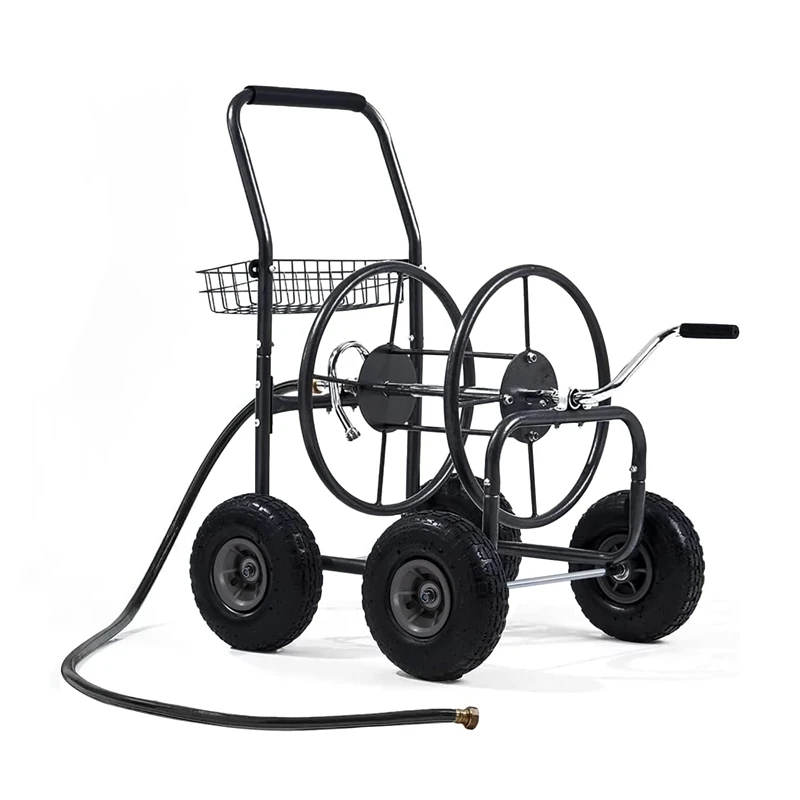

4 Wheels Portable Garden Hose Reel Cart with Storage Basket Rust Resistant Heavy Duty Water Hose Holder Water Pipe Truck