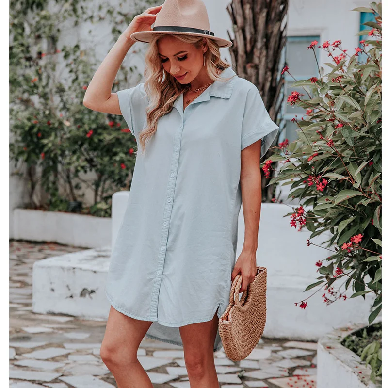 

Женская тонкая джинсовая рубашка средней длины, Повседневный Кардиган с коротким рукавом, лето 2023