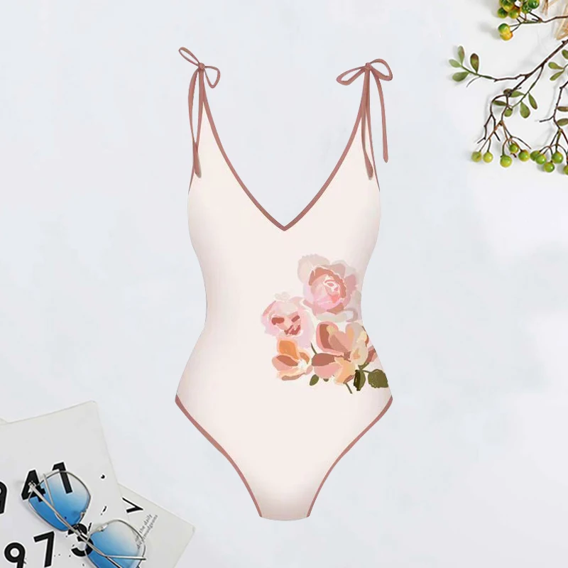 2023 New Lanswe Simple One-Piece Women Swimsuit Print Deep V Bikini Kimono  Fashion Cover-Up Swimwear Summer Beach Wear OP060