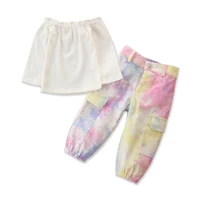 clothes for kids summer ins style girls tie dye overalls suit one word neck long sleeve two piece set kids clothing wholesale