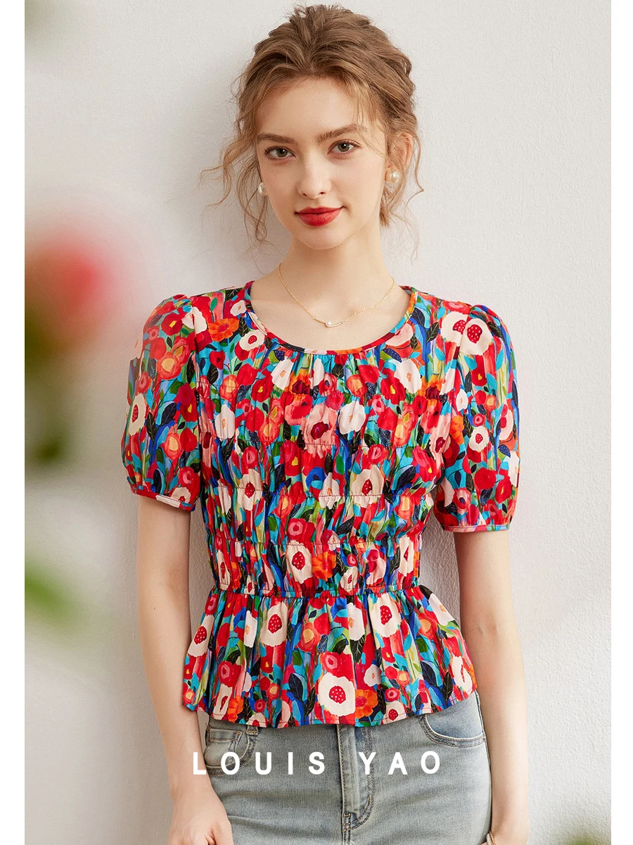 Рубашка LOUIS YAO с цветочным принтом блузки из 100% хлопка лето 2024 приталенный