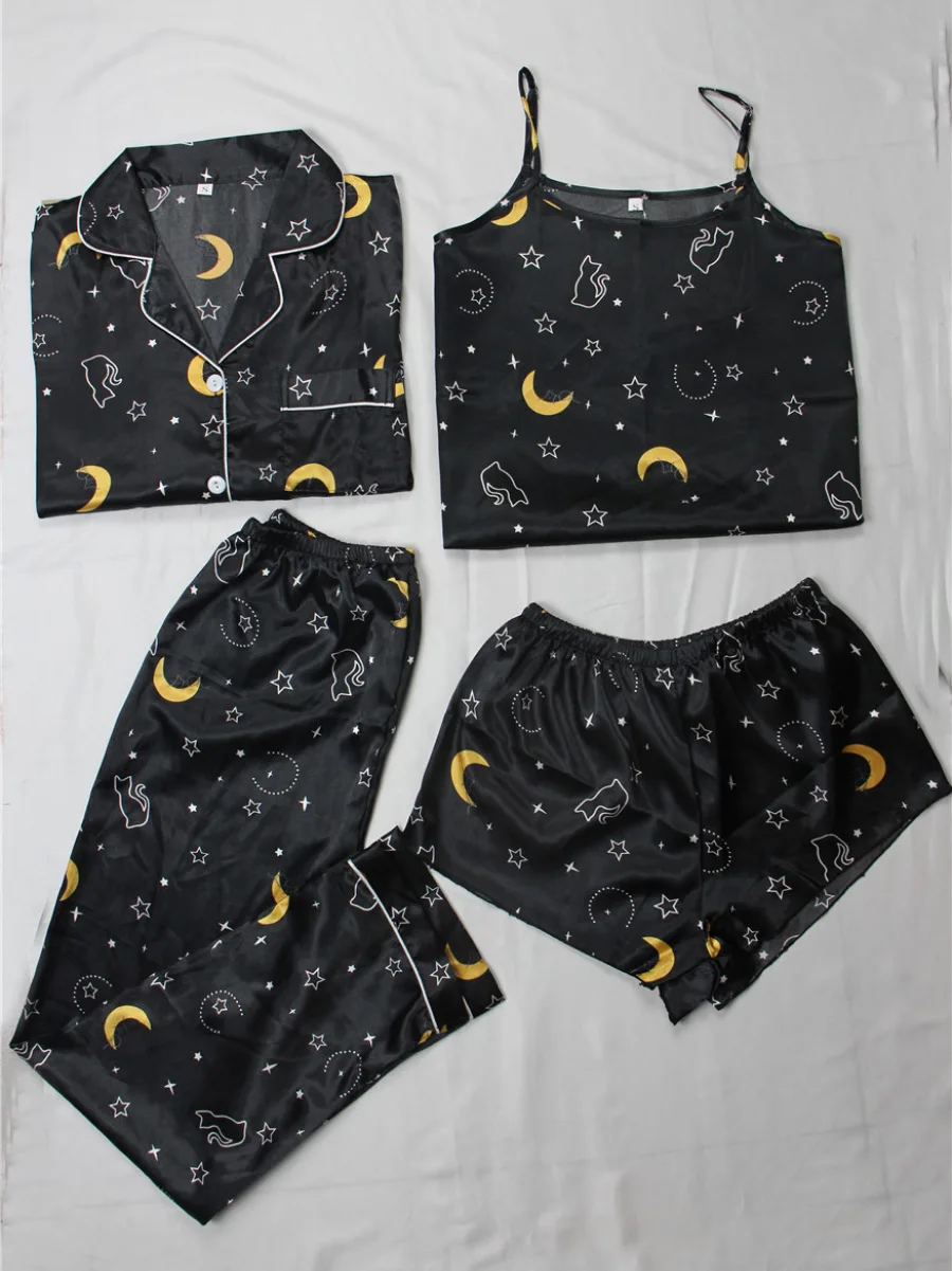 4pcs Pajama Set Women Sleepwear Sling Top Shorts Trousers Suit Pjs Loungewear Woman Pijama Set Spring Summer Autumn Home Clothes