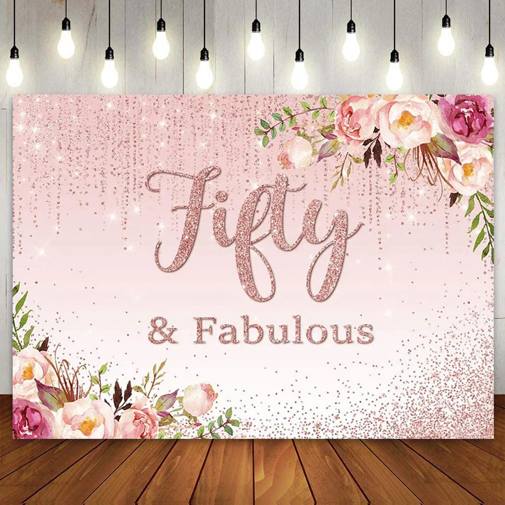 

Happy 50th Birthday Party Banner Backdrop Flowers Pink Rose Gold Glitter Dripping Floral Background 50 Years Old for Women Fifty
