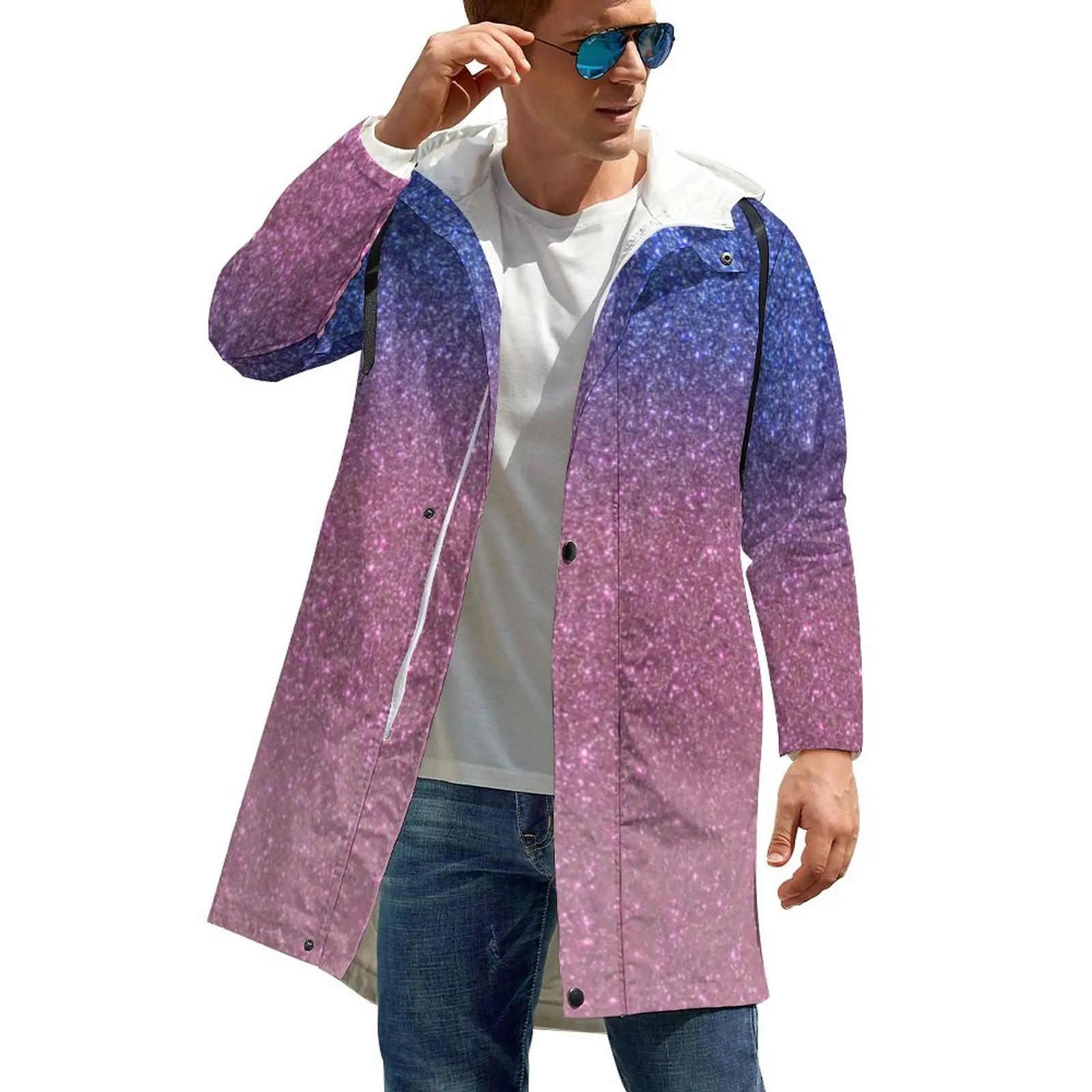 

Glitter Ombre Pirnt Casual Trench Coats Male Blue Pink Sparkly Outdoor Autumn Jackets Trendy Graphic Windproof Windbreakers