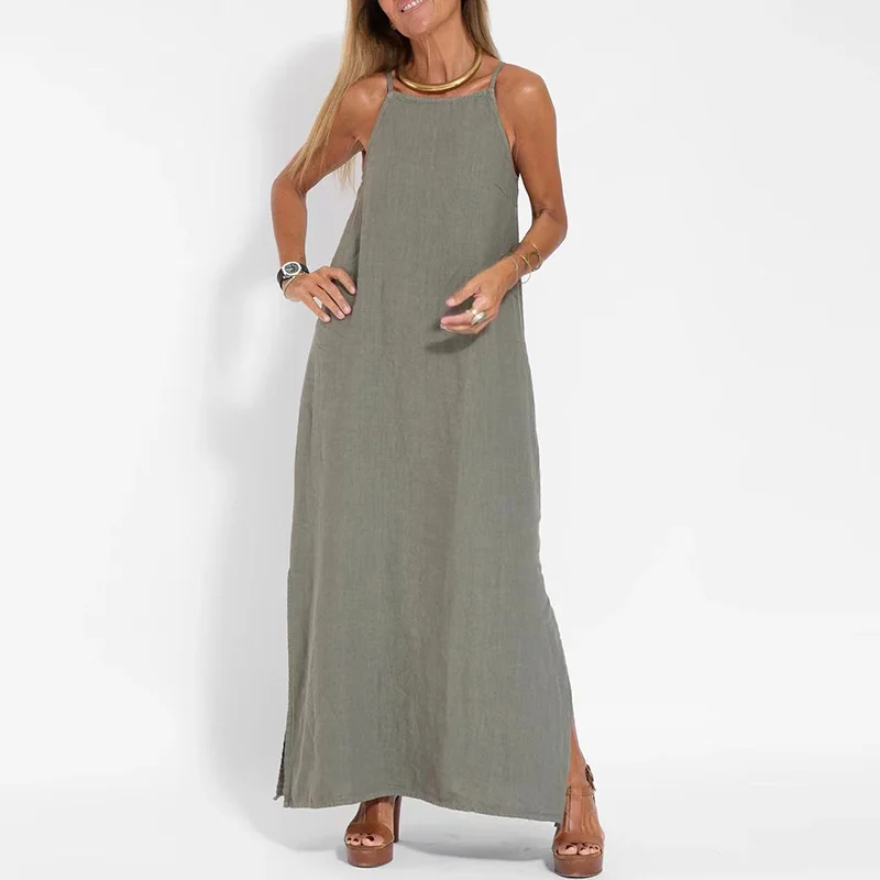 

Women Sexy O Neck Sleeveless Straps Maxi Dress Spring Casual Solid Cotton Linen Long Dress Summer Off Shoulder Slit Boho Dresses