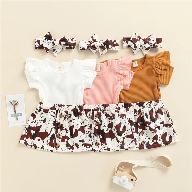 

Baby Girls Solid Color Tops, Skirt Suit, Short Sleeve Crew Neck Ruffle Ribbed T-shirt Casual Leopard Skirt + Headband 6M-3Y