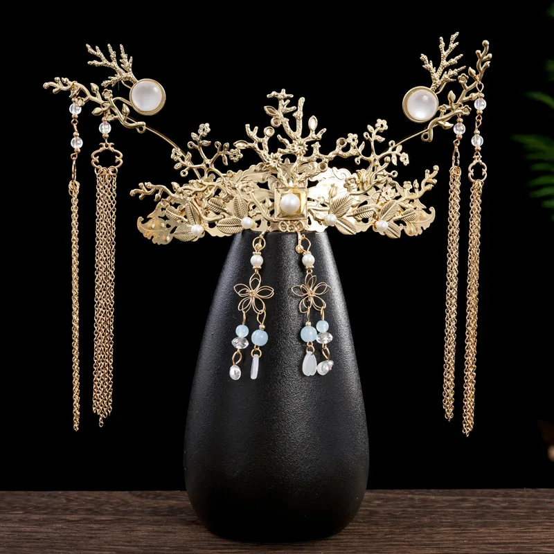 

Женские позолоченные серьги в форме короны Феникса, свадебные аксессуары для волос в китайском стиле с кисточками