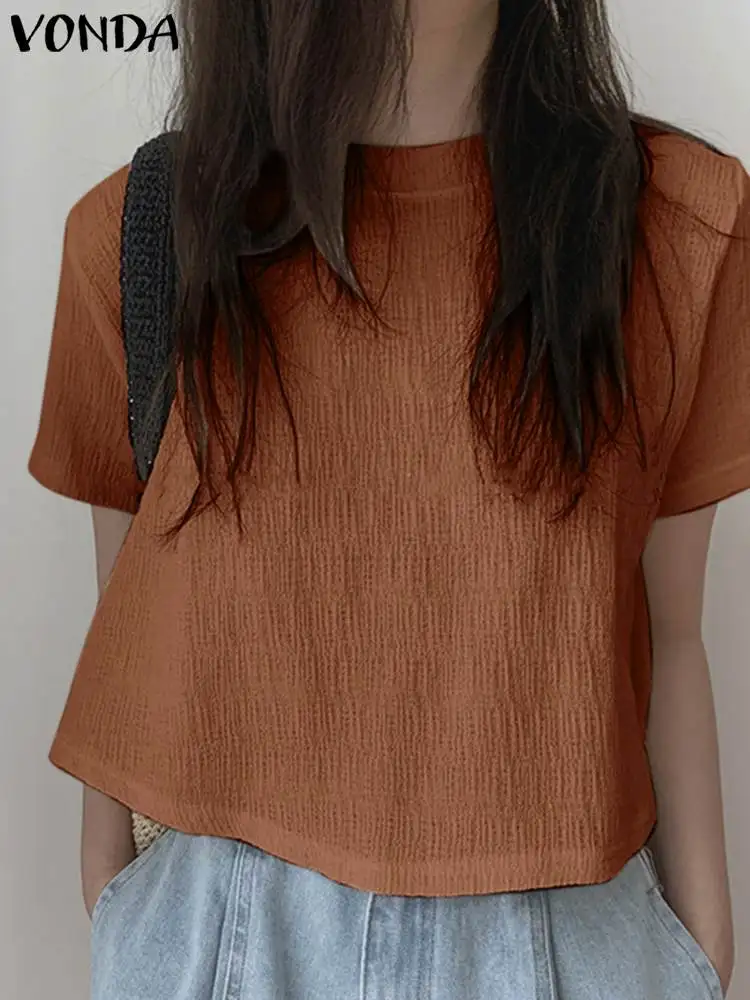 

VONDA Oversized Crop Top 2022 Women Short New O-Neck Short Sleeve Blouse Summer Pullovers Women Clothing Oversized Femininas