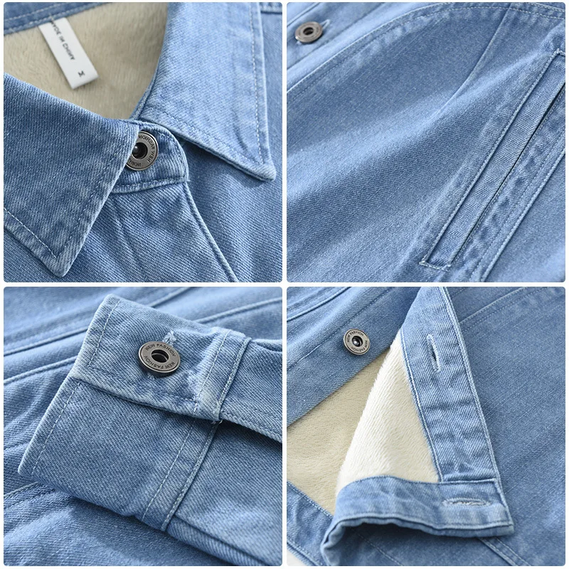 8925 Japan Style 100% Cotton High-end Good Quality Warm Denim Long-sleeved Shirt Men's Casual All-match Loose Thicken Fleece Top