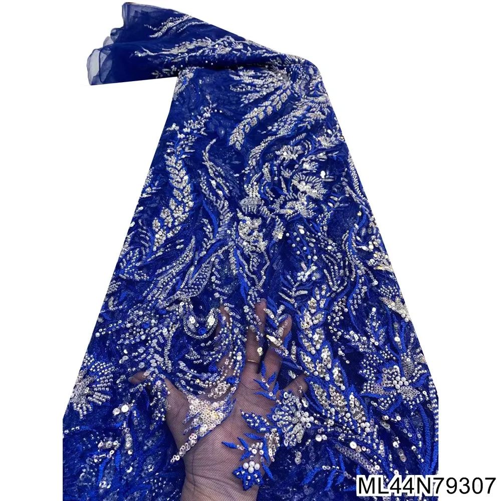 

2022 High Quality African Lace Fabric Royal Lace Fabric with Handmade Beads French Tulle Lace for Wedding 5 Yards ML44N793