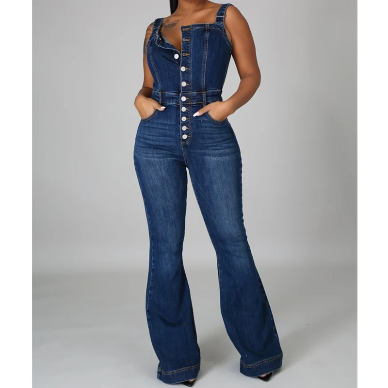 

Sexy Sleeveless Strap Cotton Jeans Jumpsuit Denim Playsuit Women Casual Jeans Wide Leg Pants Rompers Overalls Combinaison Femme