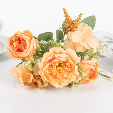 Искусственные розы, розовые цветы, букет, 5 большой головы и 4 бутона, для украшения дома и свадьбы, 28 см