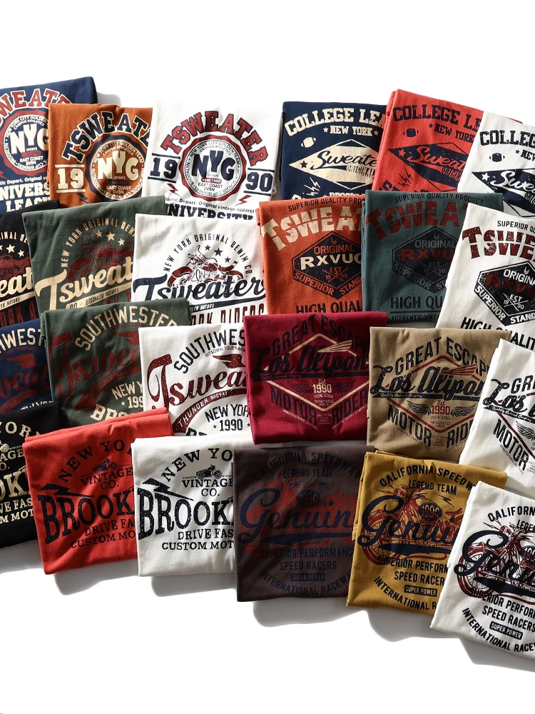 220 Pure Cotton Fabric! Washed Sanding! Foreign Trade Men's Clothing Autumn Casual Print round Neck Bottoming Long sleeve T-s...