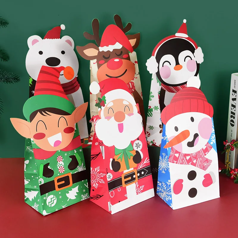 

24pcs Christmas Kraft Paper Bags Cute Santa Claus Snowman Elk Candy Cookie Gift Packaging Bag Xmas New Year Decoration Supplies