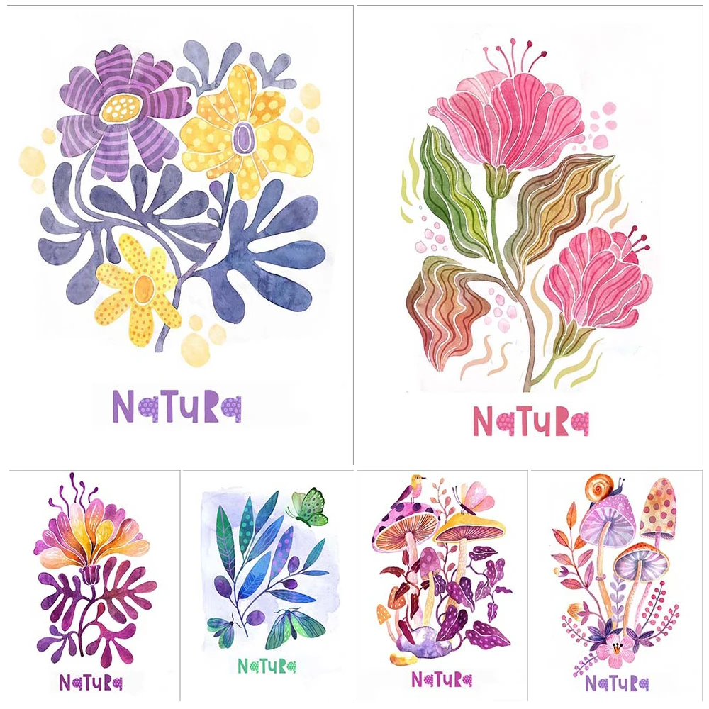 

Cartoon Flowers Plants Nature Poster Watercolor Wall Art Canvas Painting Home Decor Wall Pictures For Living Room Unframed