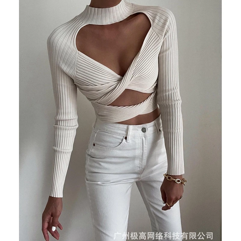 

Women Sweater Summer Autumn Solid Slim Openwork Hollow Out Sweater Women Sexy Long Sleeve Stand Collar Pullover Sweater Top