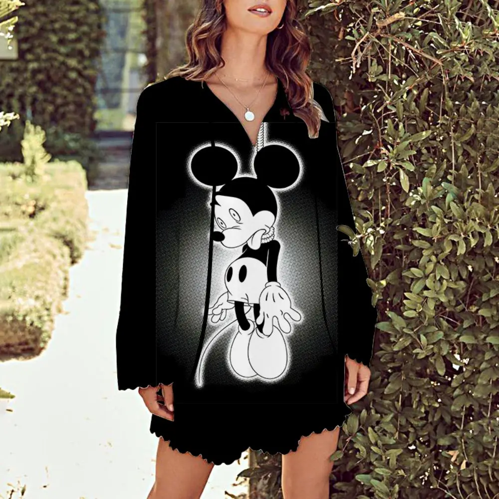

Mickey Dress Long Sleeves Elegant Dresses for Women Minnie Mouse Lace Casual Summer Women's Dresses Fashion V-Neck Disney Party