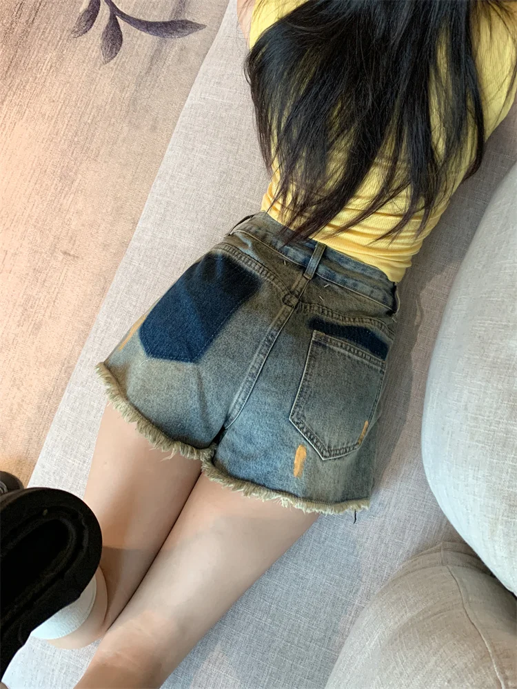 

GGB3916 Summer Korean 2023 New High Waist Fashion Contrast Color Design Sense Jeans Graffiti Shorts Wide Leg Pants