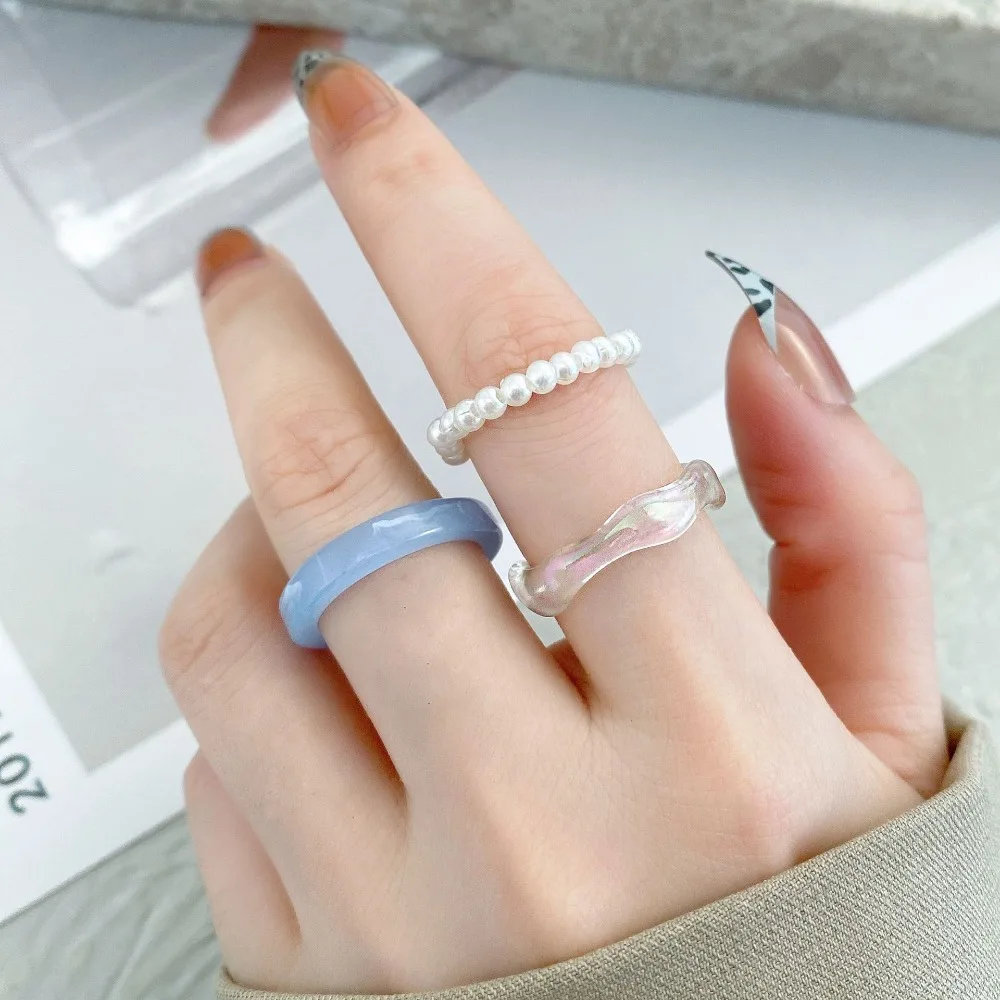 

3Pcs/set Colorful Resin Pearl Rings For Women Girls Vintage Simple Acrylic Rings Set Fashion Jewelry Accessories Party Gifts