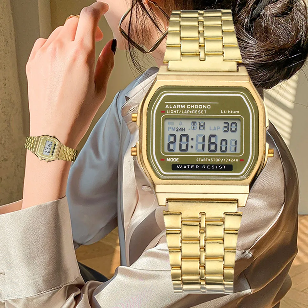 Elegant Digital Watch For Women Gold Silver Stainless Steel 