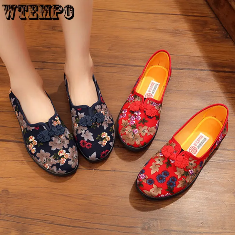 WTEMPO Vintage Print Women Flats Shoes Embroidered Chinese Traditional Slip-on Loafers Canvas Casual Shoes Woman Dropshipping