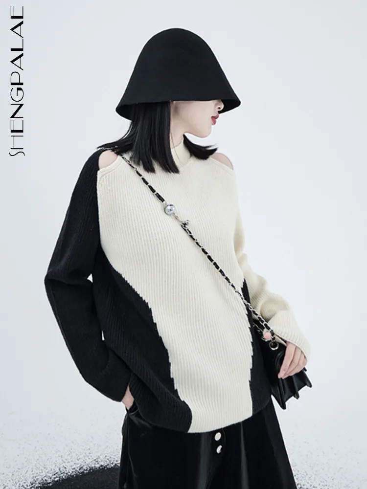 

SHENGPALAE Strapless Long Sleeve Knitted Sweater For Women 2023 Spring Fashion Y2k Clothes Causal Patchwork Knitwear Top 5R441