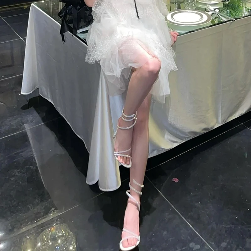 2023 New Style~Celebrity Diamond Ribbon Snake Shaped Fashion High Heel Thin Heel Round Toe Open Toe Women's Sandals