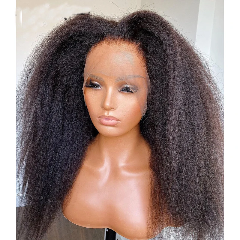 

Natural Black 26Inches Long 180%Density Glueless Yaki Kinky Straight Lace Front Wig For Women BabyHair Heat Temperature Daily