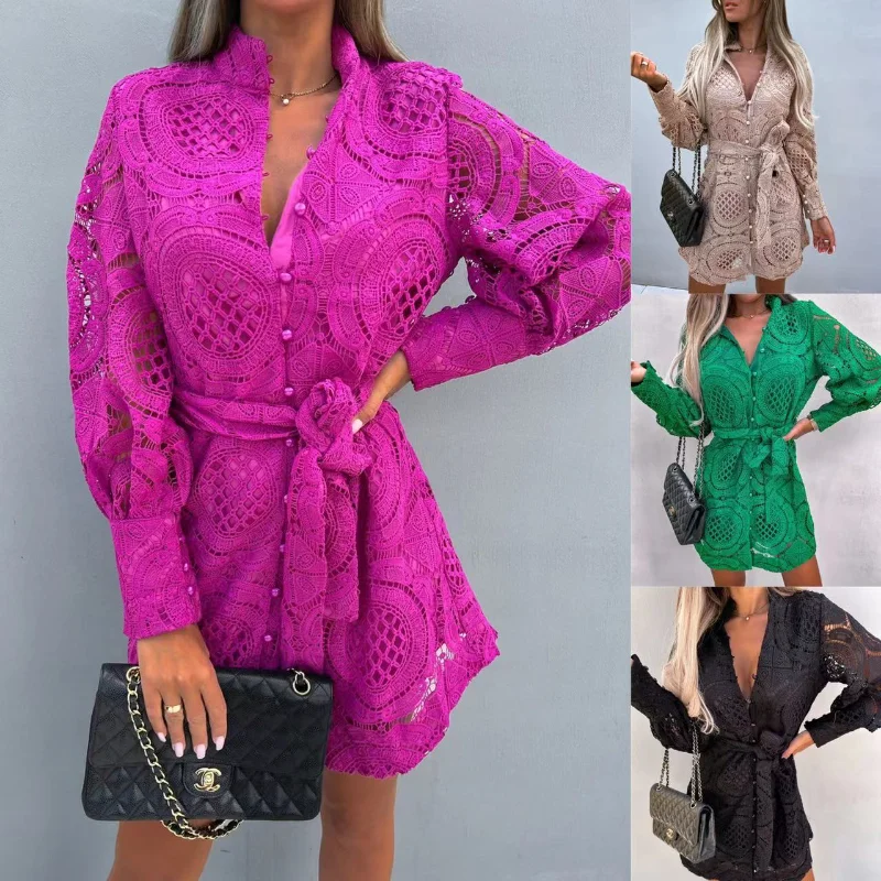 

Lace openwork Joker casual lace commuter style long shirt dress