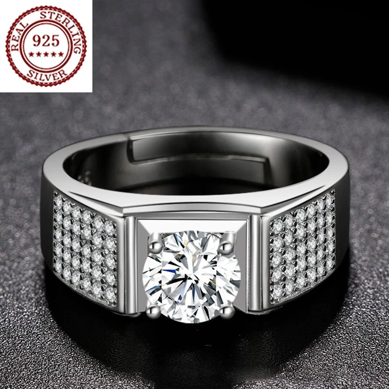 

S925 Silver Plated Platinum Mossan Stone Ring Micro-inlaid Multy Diamond Domineering Wedding Proposal Male Jewelry for Boyfriend