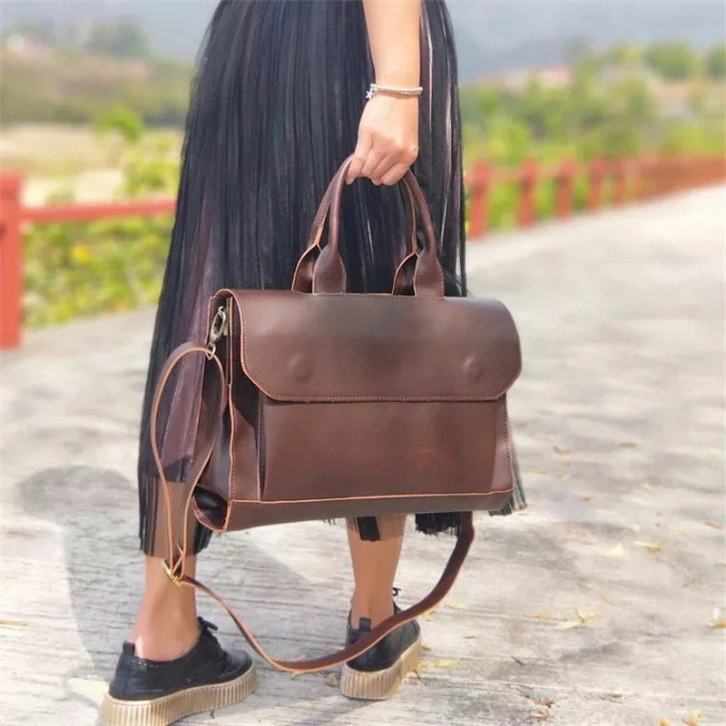New 2022 Crazy Horse Leather Women's Handbags Lady Briefcase Computer Bag For Female 14 Inch Laptop Shoulder Messenger Bags