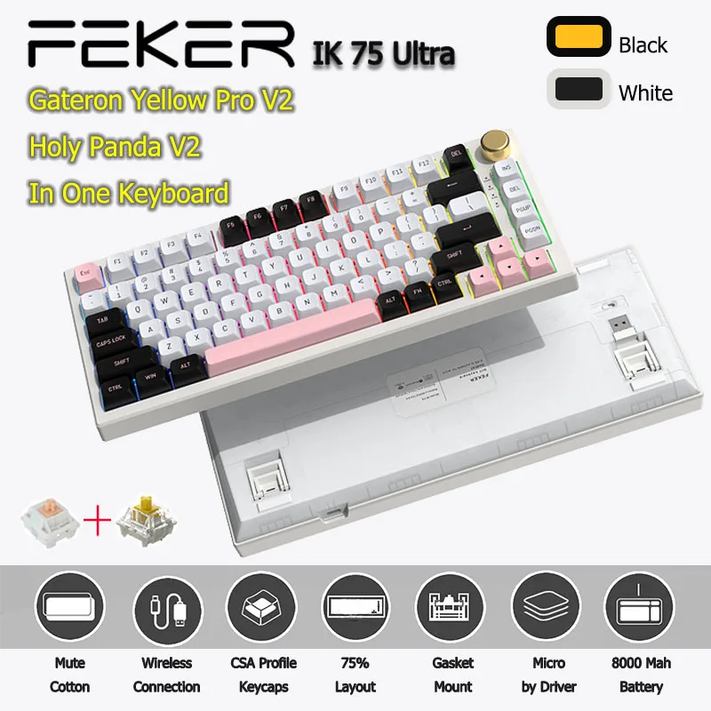 

KeysLand FEKER IK75 Ultra Pro 75% Mechanical Keyboard Gateron Yellow Pro V2 Holy Panda RGB Wireless Bluetooth 2.4G PBT Keycaps