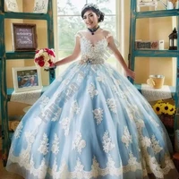 sky blue quinceanera dresses o neck short sleeve prom vestido ivory appliques beads bow belt flore for 15 girls ball gowns