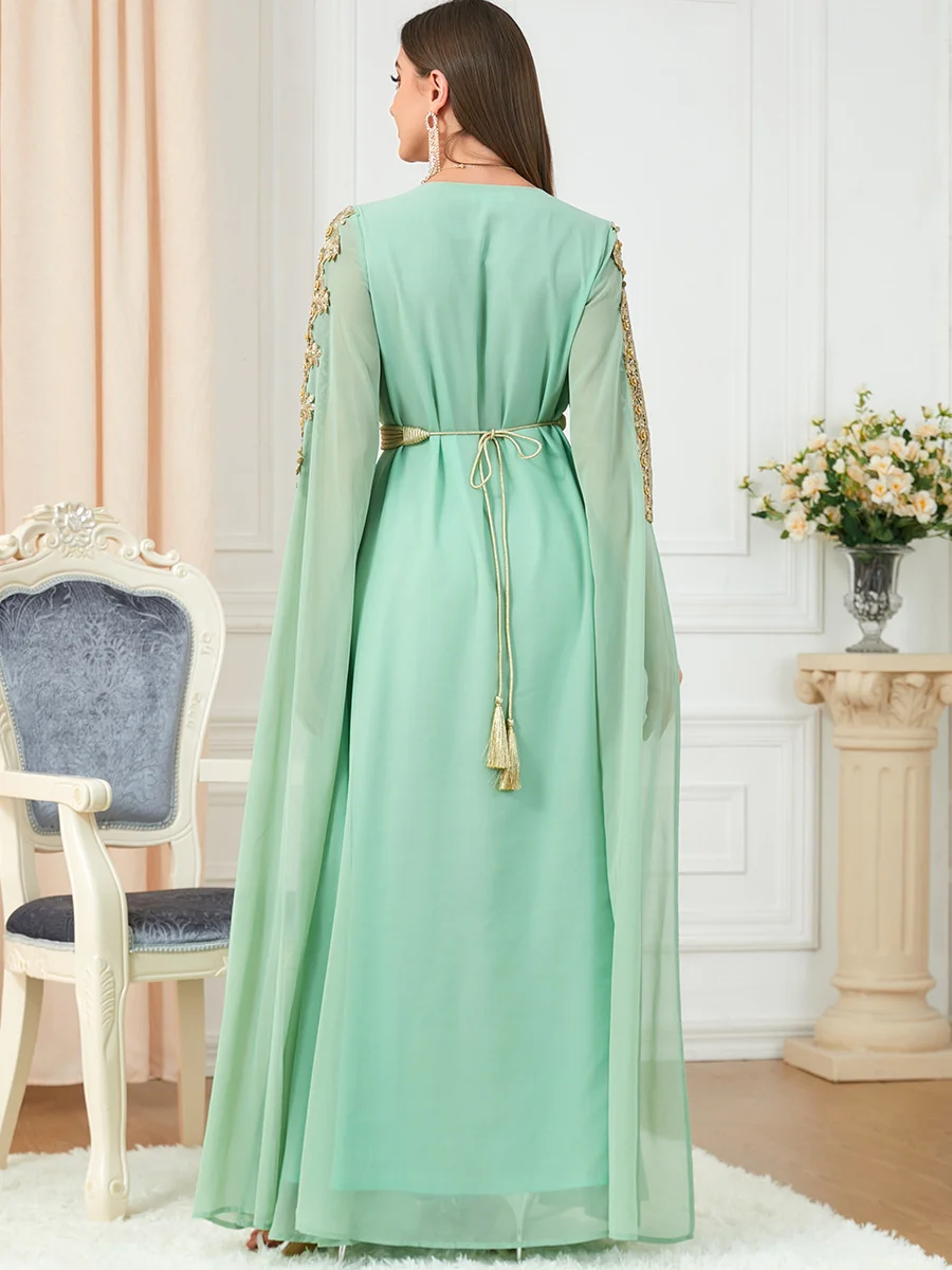 Muslim Women V-neck Dress Abaya Party Dresses Long Sleeve Abayas Middle East Dubai Turkey Islam Kaftan Robe Longue Vestidos Eid