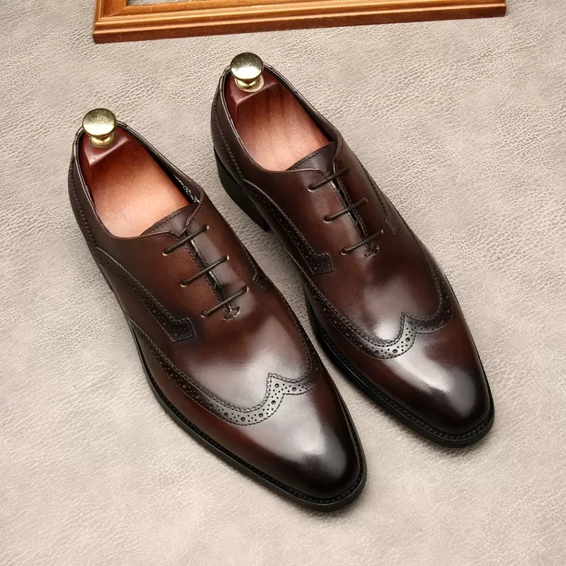 

Fashion Men Shoes Oxford Genuine Leather Casual Lace Up Wingtip Formal Shoes Wedding Business Black Coffee Color Dress Shoes Men