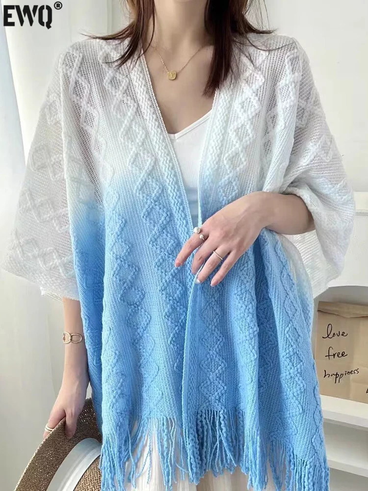 

[EWQ] винтажная Вязаная Шаль с бахромой, Женская осенне-зимняя Новинка 2023, модная верхняя одежда, накидка, шарф, подходящая ко всему Одежда 16U4530