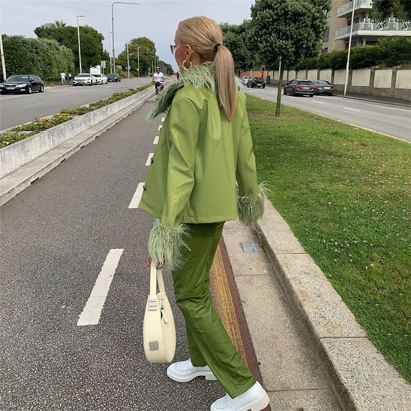 Autumn Winter PU Leather Cropped Jackets Women Fashion Black With Fur Faux Long Sleeve Fashion Y2K Brown Coat Turn Down Casual