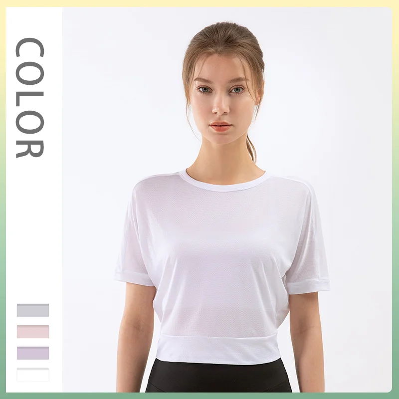 

Sexy Twist Open Back Gym Shirt Women Short Sleeve Jacquard Workout Tops Loose Fit Running Sport T-shirts White Fitness Clothes