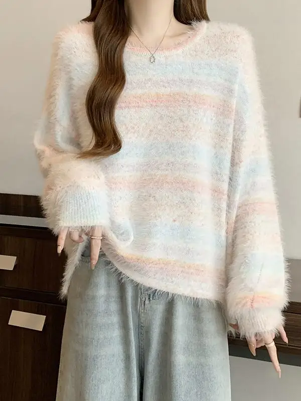 Color Stripe Short Front and Long Back Dalang Sweater Outerwear Women Autumn Winter Outer Wear Chaoshan Knit Top Plus siz...