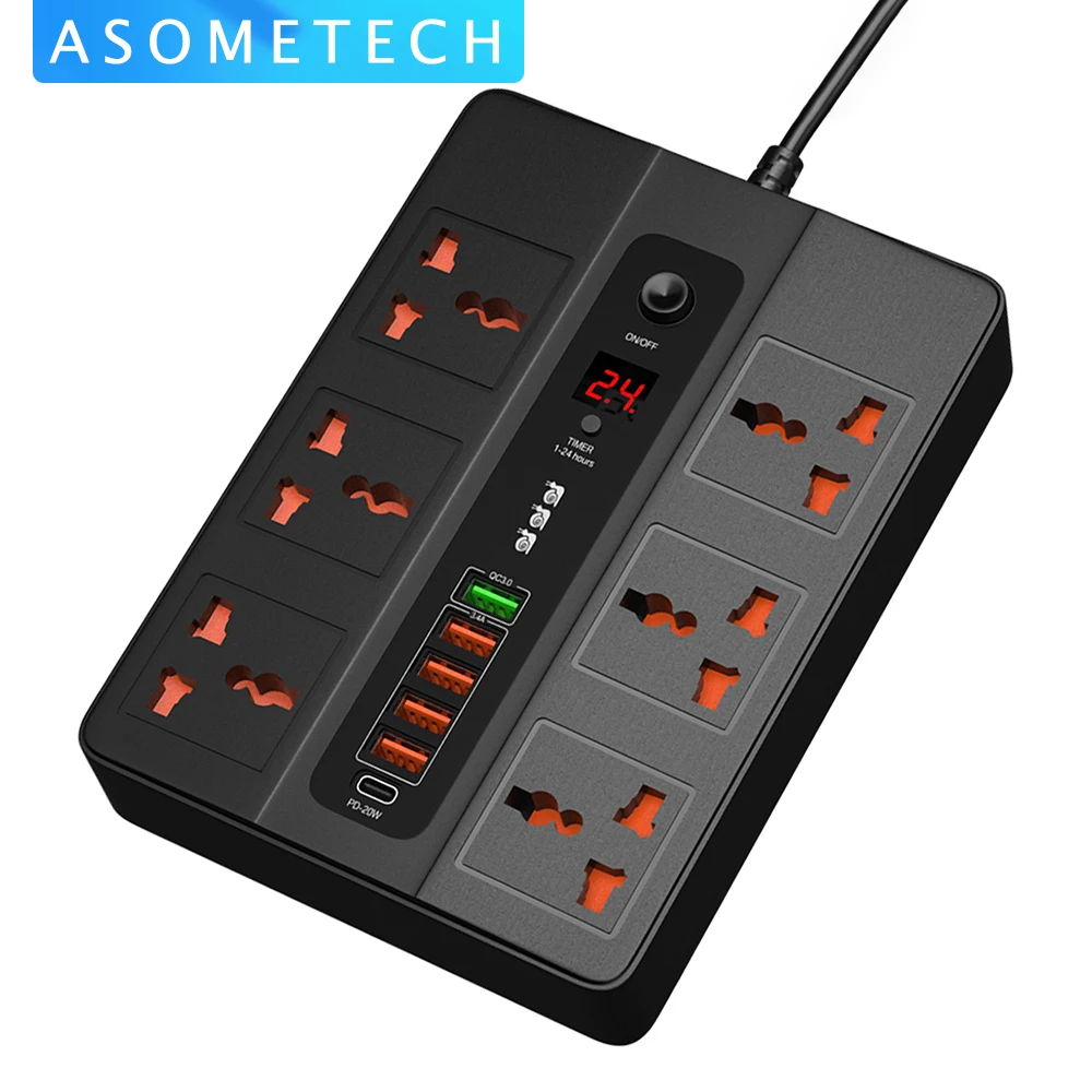 

3000W Power Strip Universal Electrical Socket 6 Outlets Multi USB C PD Fast Charger 20W Quick Charge 3.0 Port For Home office
