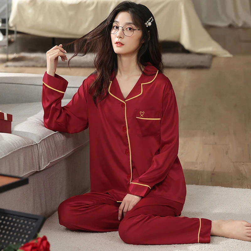 New Year Gift Spring Summer Button Cardigan Women's Soft Stain Long Sleeve Pajamas Set Women Sleepwear Set Red Silk Homewear