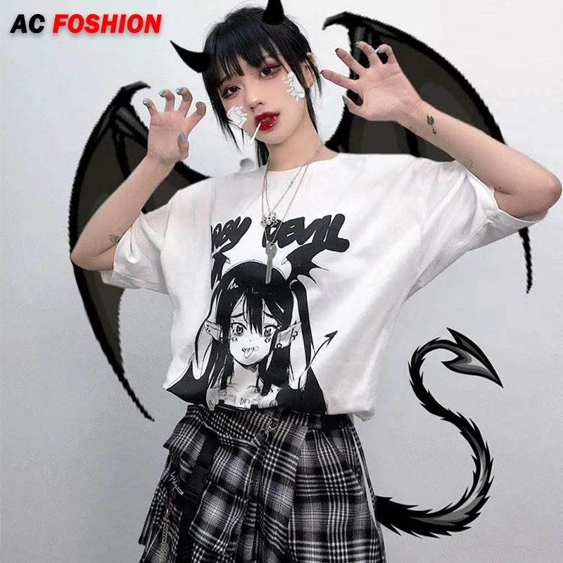 

Oversized T-shirt Japanese Anime Punk Goth Print T Shirt Women Clothes Plus Size Harajuku Short Sleeve Black Hip Hop T-Shirts