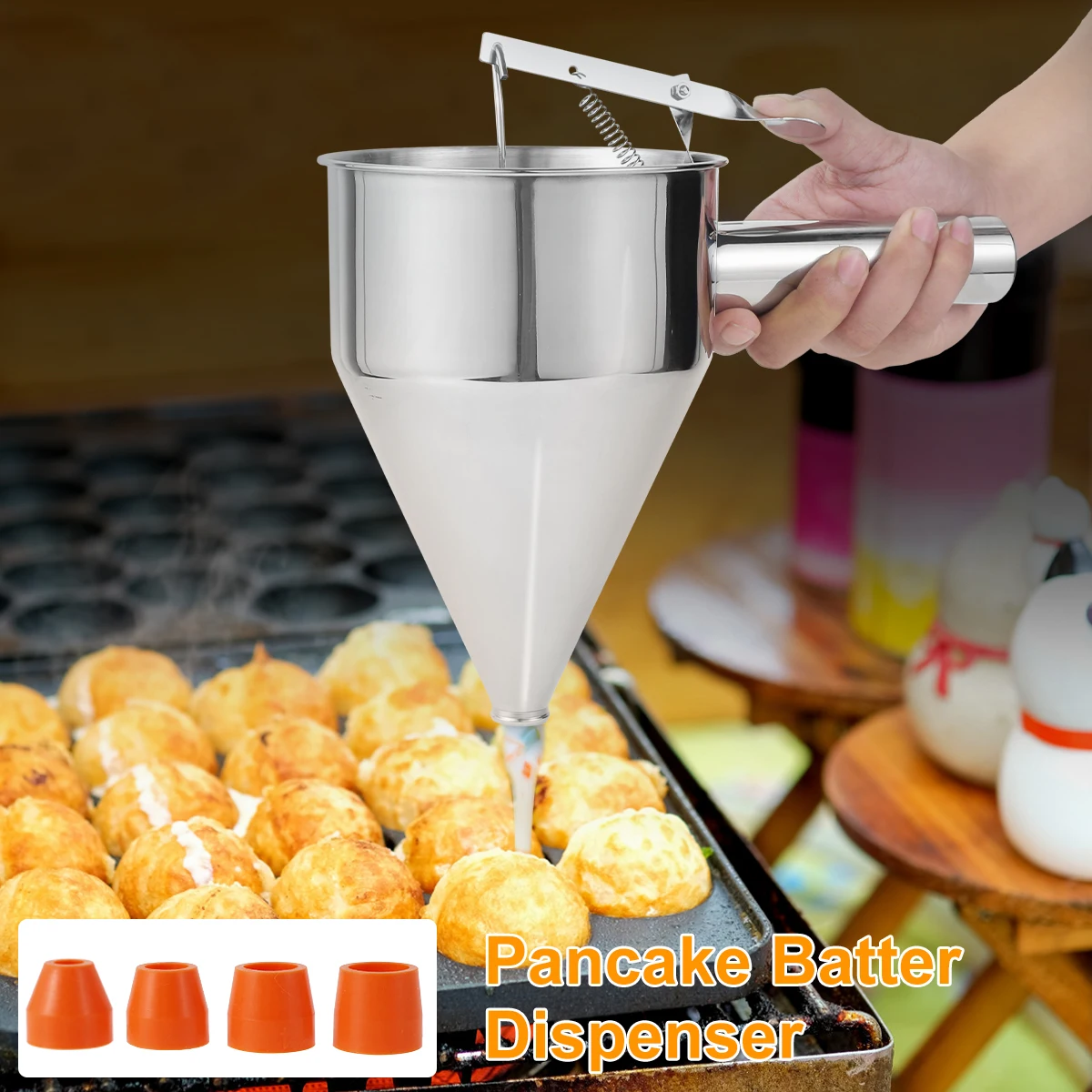 

Pancake Batter Dispenser Funnel Cake Dispenser with Stand Stainless Steel Batter Dispenser Multi-Caliber Baking Tool
