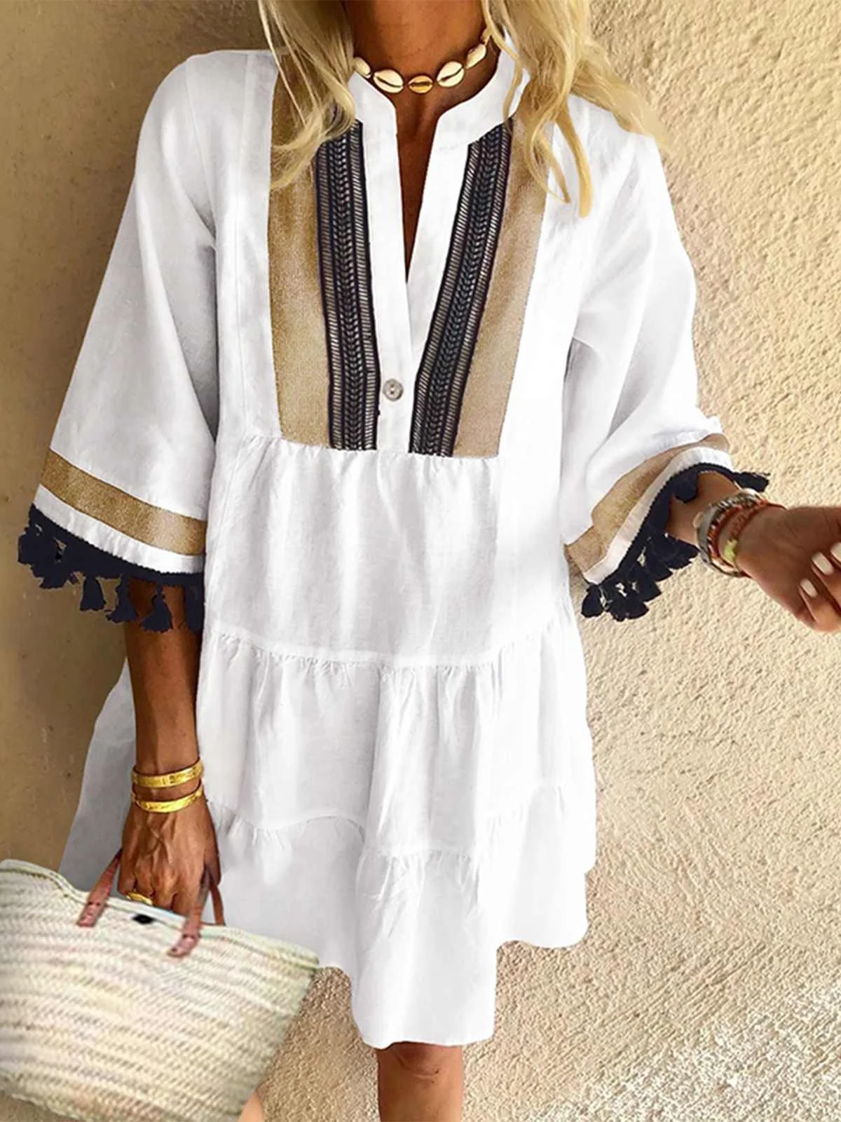 

VONDA 2022 Women Bohemian Dress Femme Robe Vintage White Printed Short Dresses Sexy Flare Sleeve Vestidos Mini Sundress