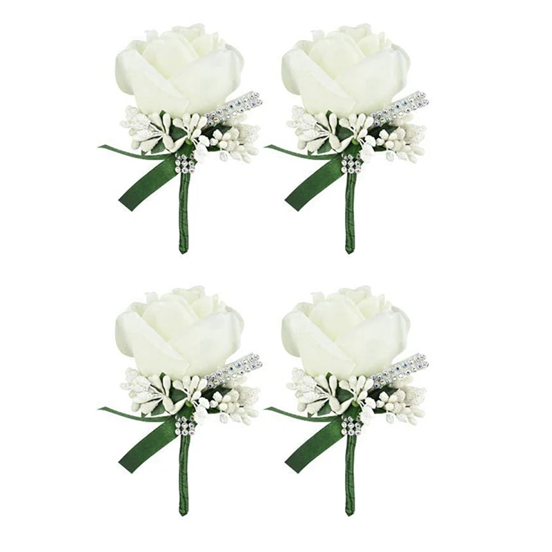 

4-Pack Wedding Corsages White Roses, Handmade Imitation Single Rose Wedding Corsages