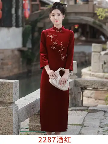 Элегантное женское платье-Ципао в китайском стиле, весенне-осеннее велюровое традиционное платье-Ципао с воротником-стойкой, женское банкетное платье